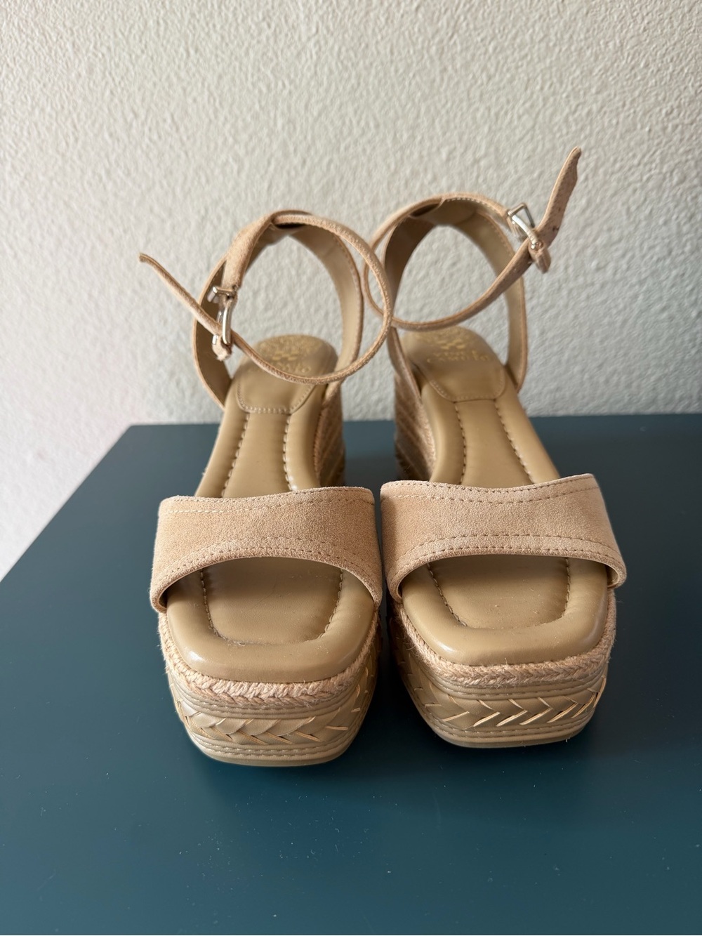 Vince Camuto Lilla Shoe in Tortilla. Platform Wedge Sandals with Ankle Strap
